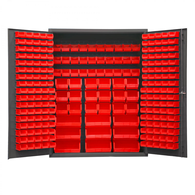Durham Heavy Duty Cabinet, 14 Gauge, 60 x 24 x 78, 227 Red Bins, Flush Doors with Louvered Panel