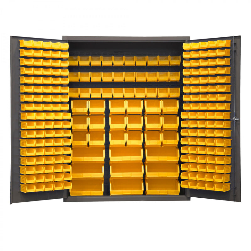 Durham Heavy Duty Cabinet, 14 Gauge, 60 x 24 x 78, 227 Yellow Bins, Flush Doors with Louvered Panel