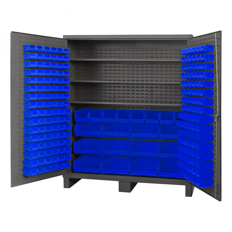 Durham Heavy Duty Cabinet, 14 Gauge, 72 x 24 x 84, 3 Adjustable Shelves, 216 Blue Bins