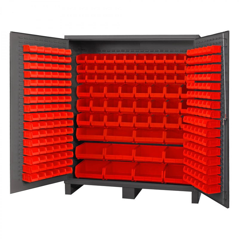 Durham Heavy Duty Cabinet, 14 Gauge, 72 x 24 x 84, 264 Red Bins, Flush Doors with Louvered Panel