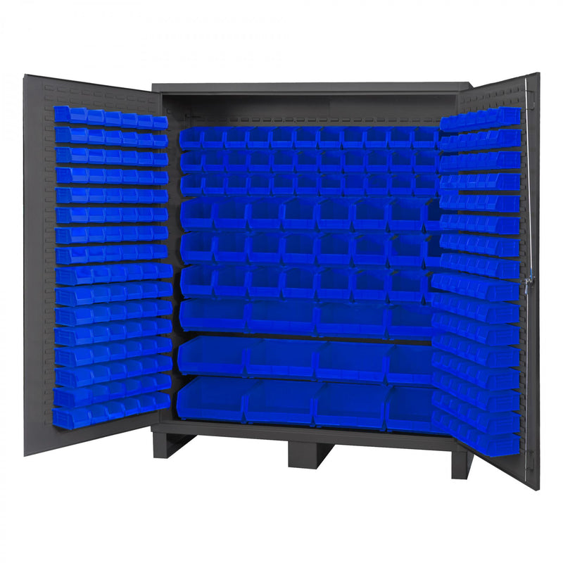 Durham Heavy Duty Cabinet, 14 Gauge, 72 x 24 x 84, 264 Blue Bins, Flush Doors with Louvered Panel