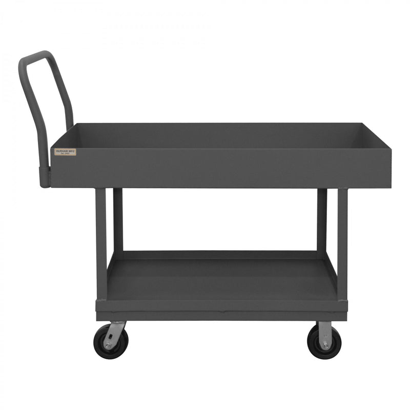 Durham Platform Truck, Work Height, 12 Gauge, 2000 lbs Capacity, 2 Shelves, 24 x 48, Lipped Deck, Gray