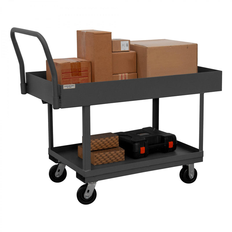 Durham Platform Truck, Work Height, 12 Gauge, 2000 lbs Capacity, 2 Shelves, 24 x 48, Lipped Deck, Gray