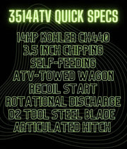 Yardbeast 3514 ATV Tow-Behind Chipper Shredder, 3.5" Capacity, 429cc Kohler Engine Yardbeast