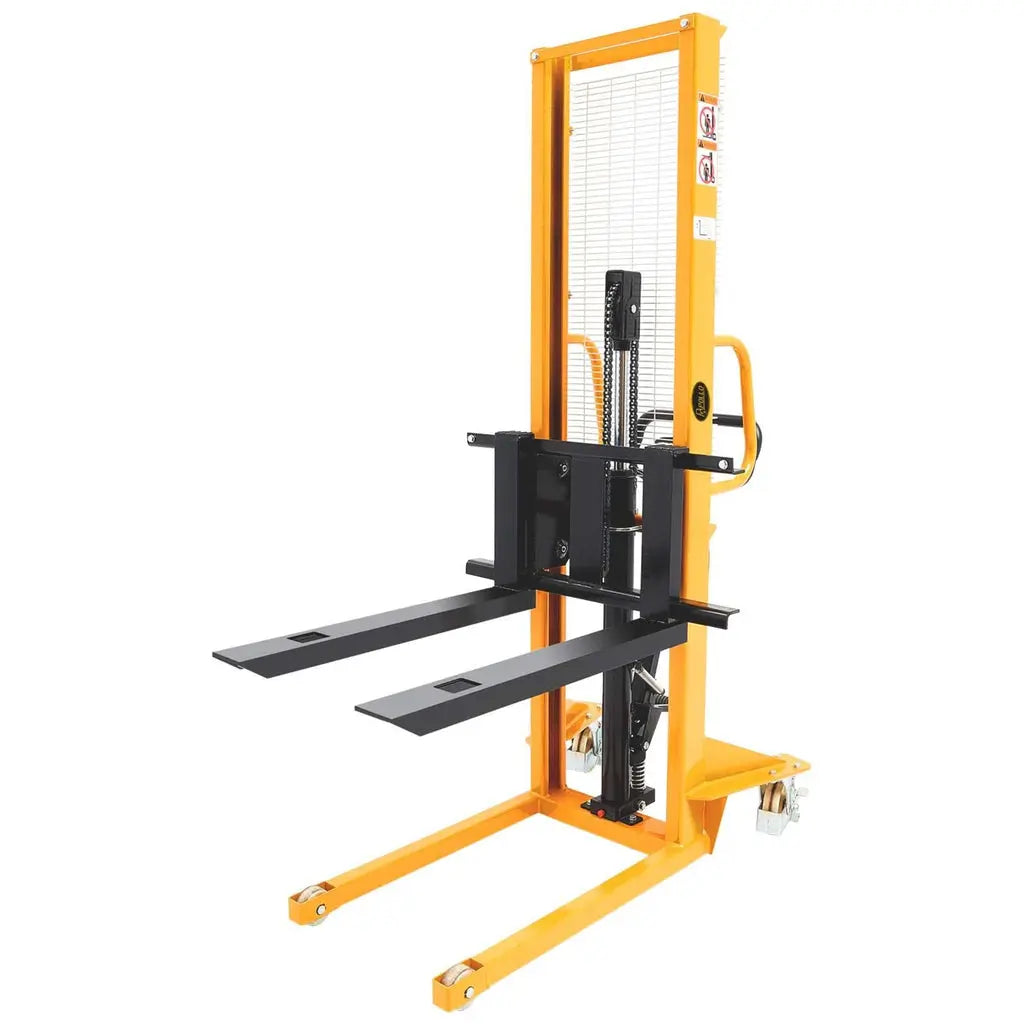 Apollolift A-3002 yellow manual pallet stacker with black lifting forks and safety mesh