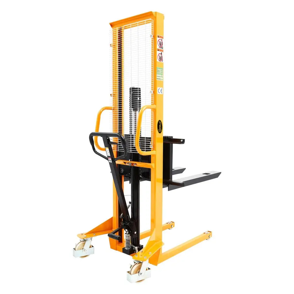 Apollolift A-3002 yellow pallet stacker with black handle and steel lifting forks