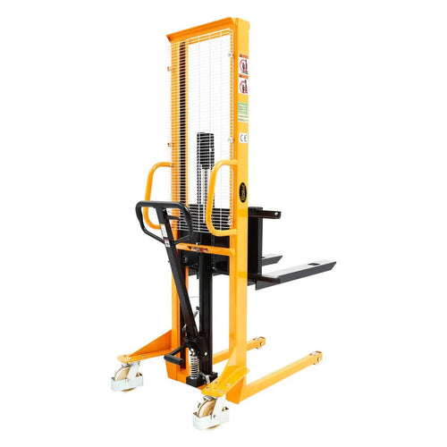 Apollolift A-3002 yellow pallet stacker with black handle and steel lifting forks