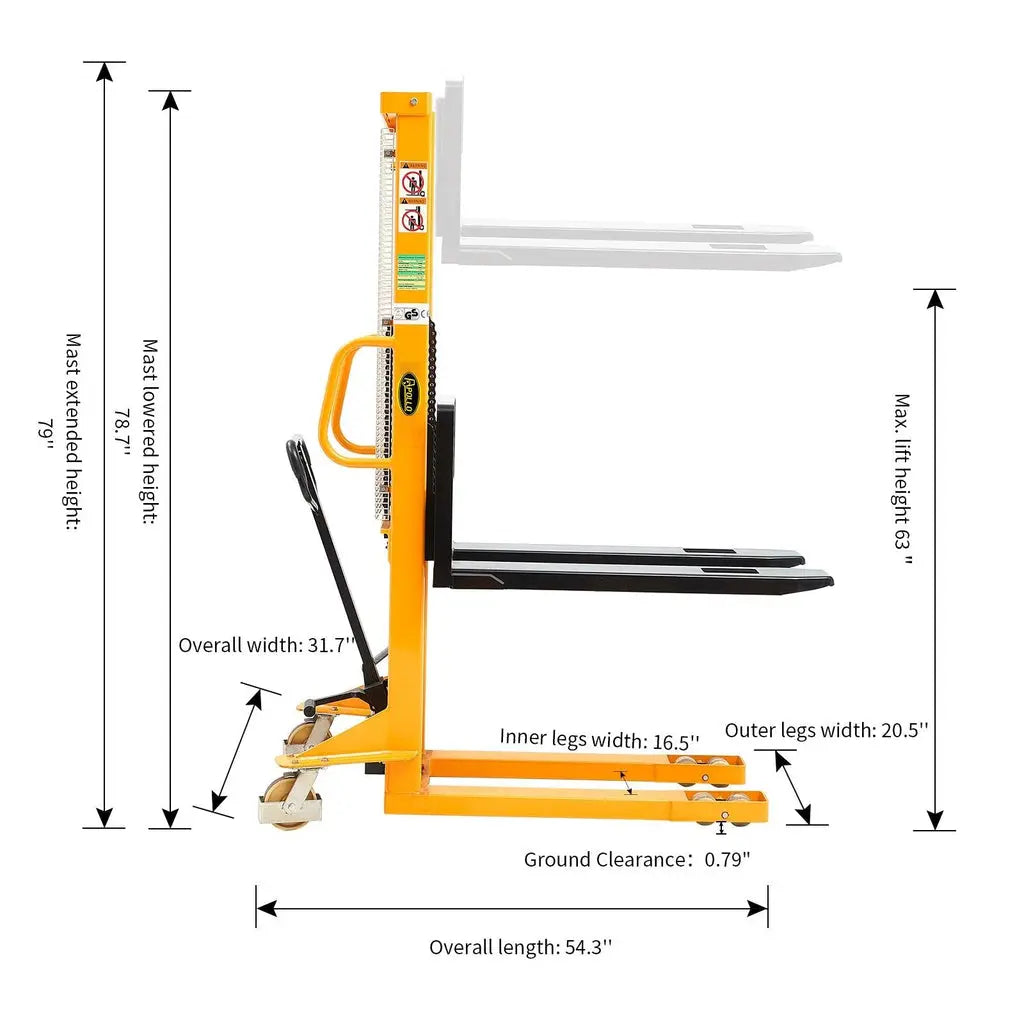 Apollolift A-3002 pallet stacker yellow manual forklift with detailed dimension labels