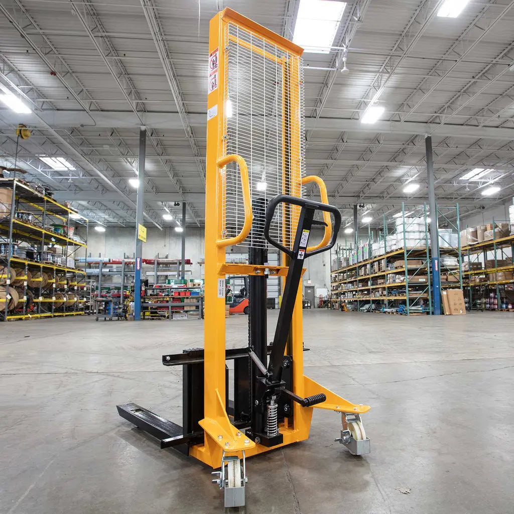 Apollolift A-3002 yellow pallet stacker with black handle for lifting pallets in warehouse
