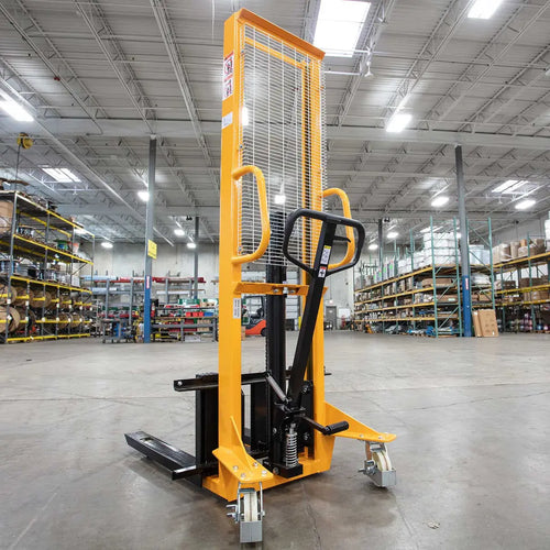 Apollolift A-3002 yellow pallet stacker with black handle for lifting pallets in warehouse