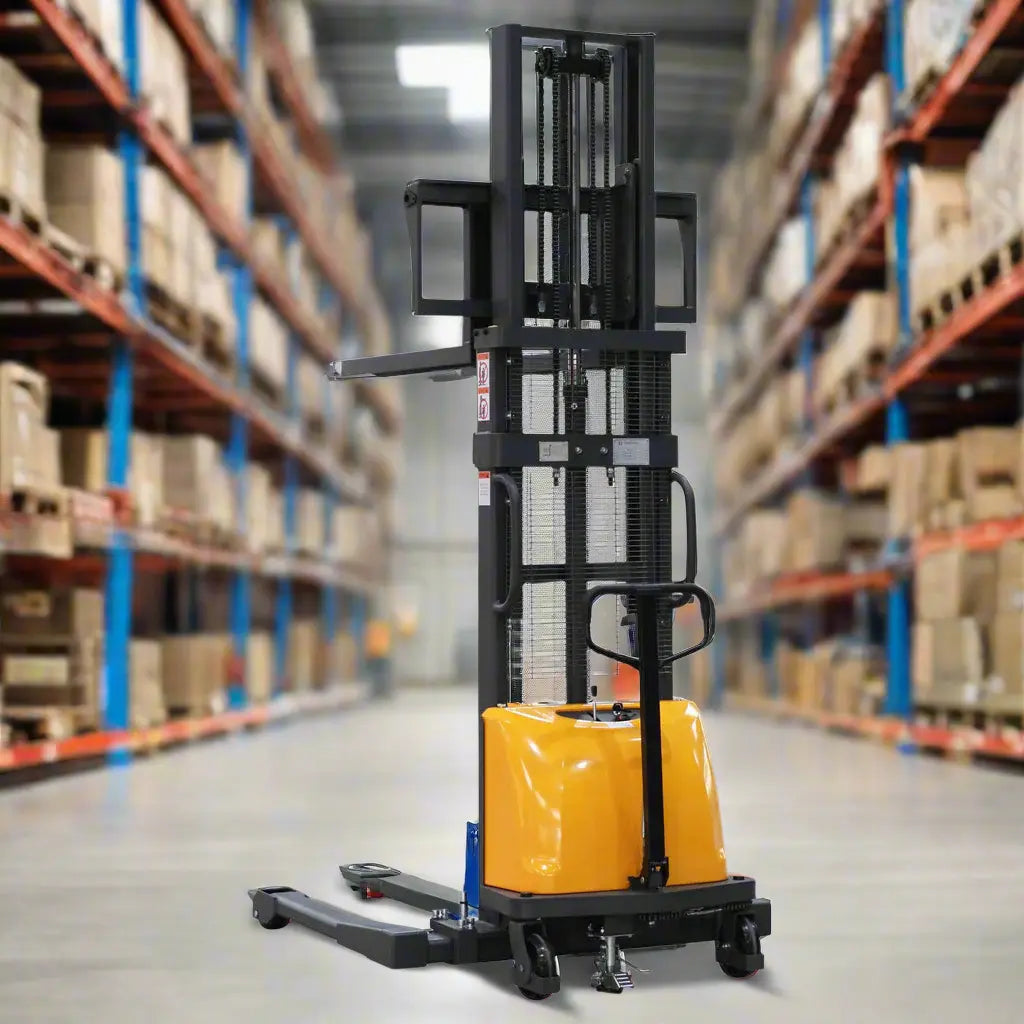 Apollolift A-3011 straddle stacker with yellow base and black frame in warehouse aisle