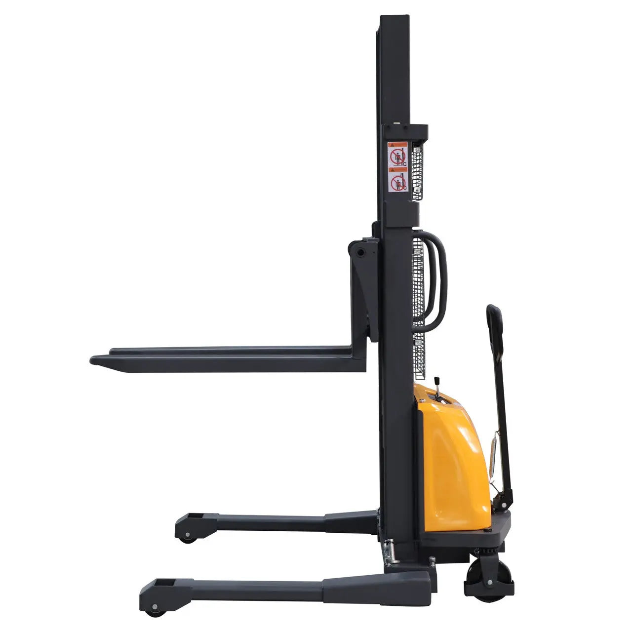 Apollolift A-3011 straddle stacker with yellow body and black forks for lifting pallets