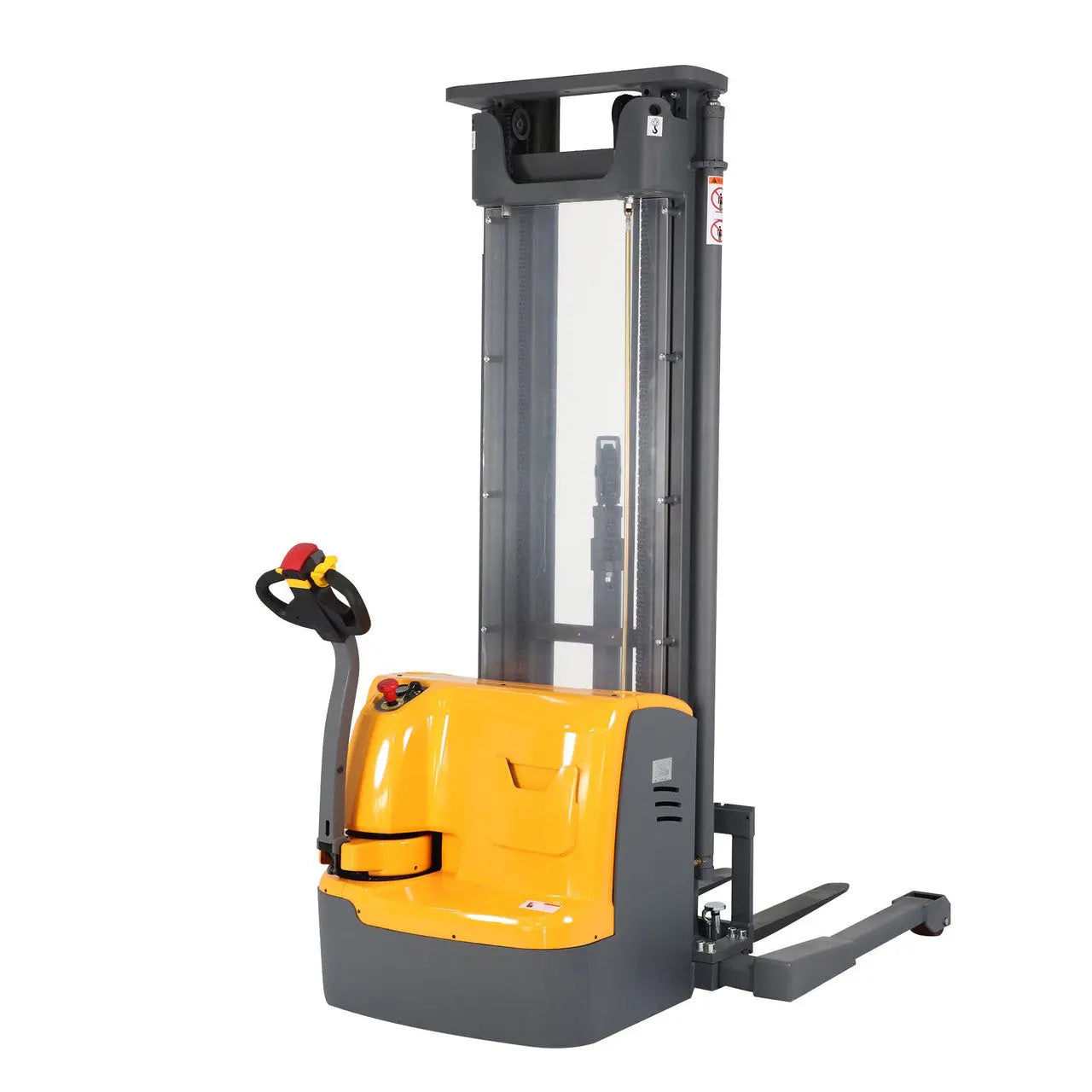 Apollolift A-3030 yellow and gray straddle stacker with control handle and lifting forks