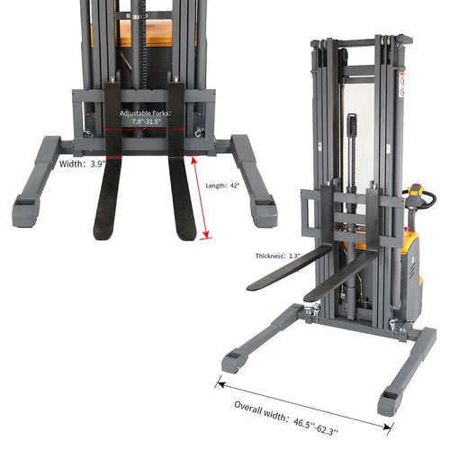 Apollolift A-3030 straddle stacker with adjustable forks and detailed dimension measurements