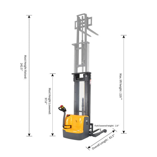 Apollolift A-3030 straddle stacker in yellow and black with mast height and lift height measurements