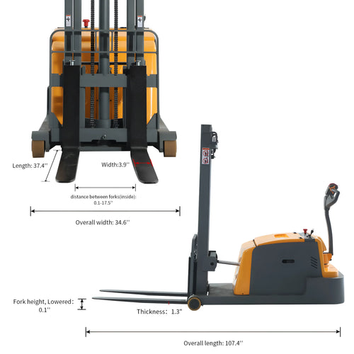 Apollolift A-3048 Electric Pallet Stacker with detailed measurements and yellow and gray design