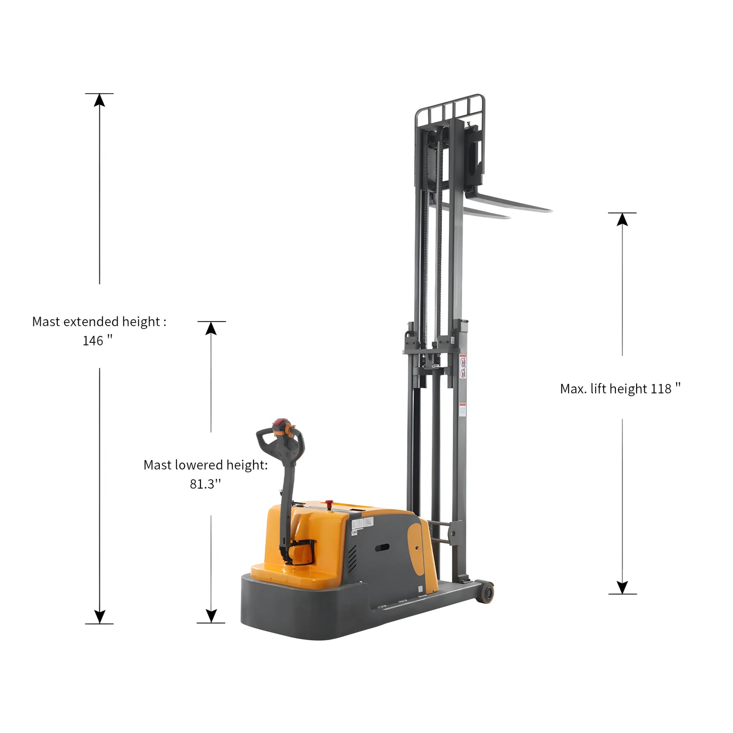 Apollolift A-3048 Electric Pallet Stacker with extended mast and max lift height for heavy lifting