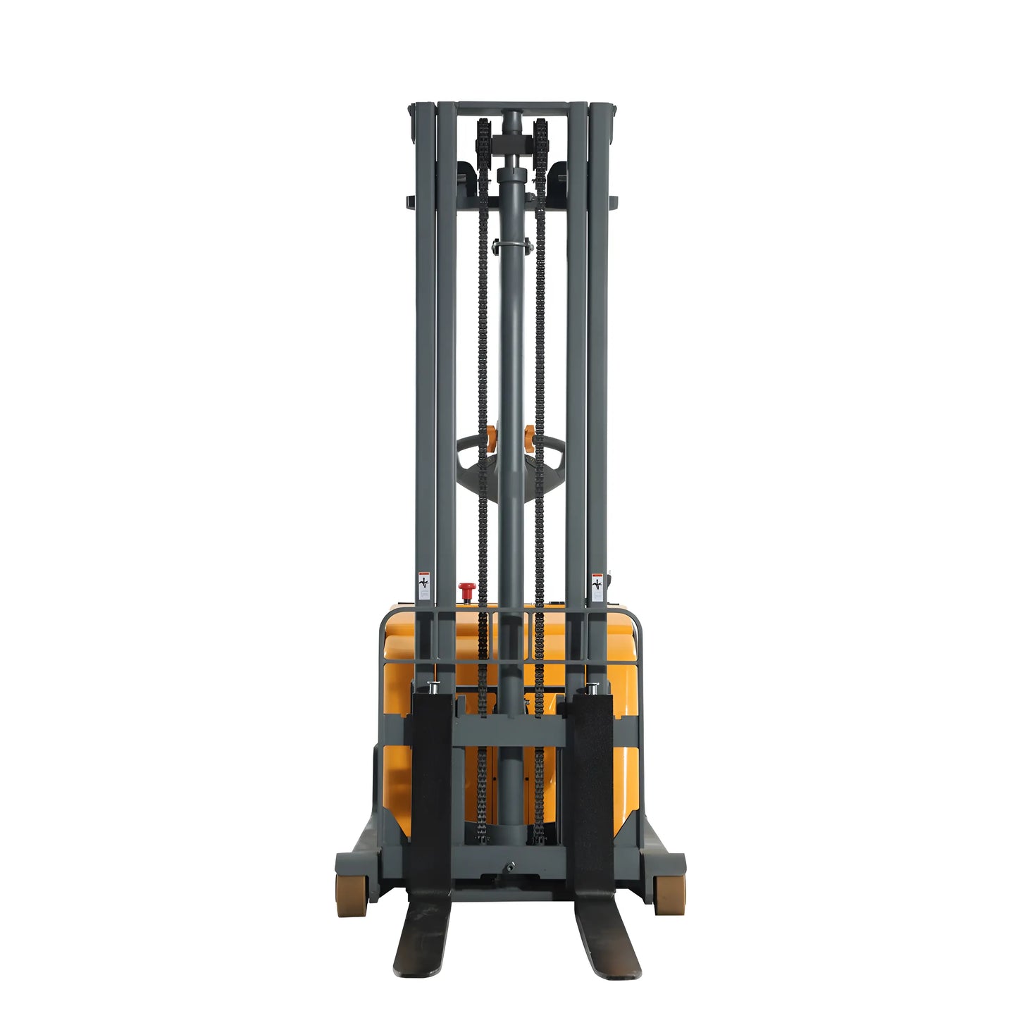 Apollolift A-3048 Electric Pallet Stacker front view with fork lifting mechanism for warehouse use