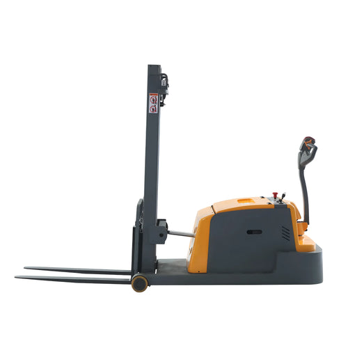 Apollolift A-3048 Electric Pallet Stacker in yellow and gray with fork lift mechanism and control handle