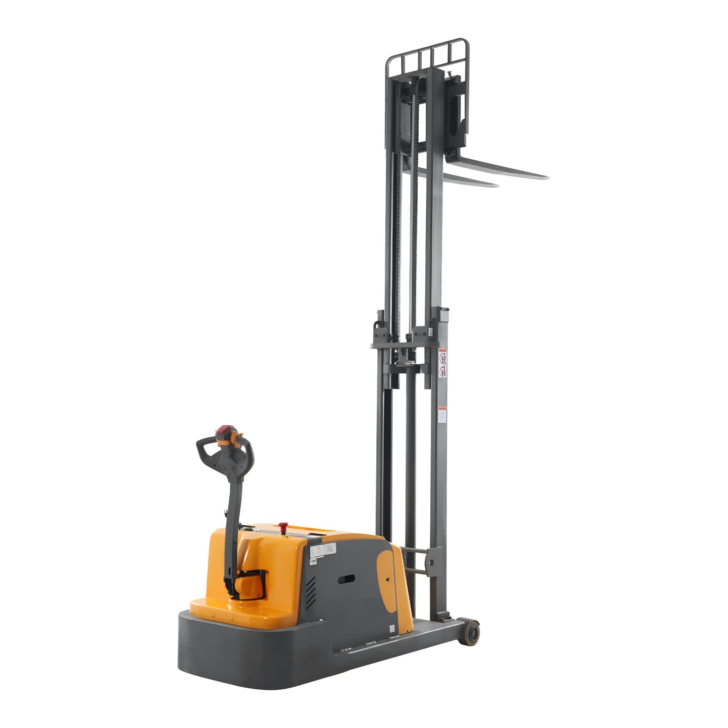 Apollolift A-3048 Electric Pallet Stacker with raised forks and ergonomic control handle