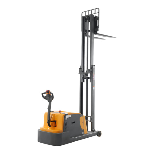 Apollolift A-3048 Electric Pallet Stacker with raised forks and ergonomic control handle