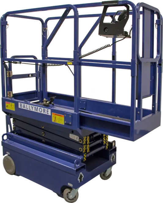 Ballymore drivable compact scissor lift in blue with safety railings and wheels for easy mobility