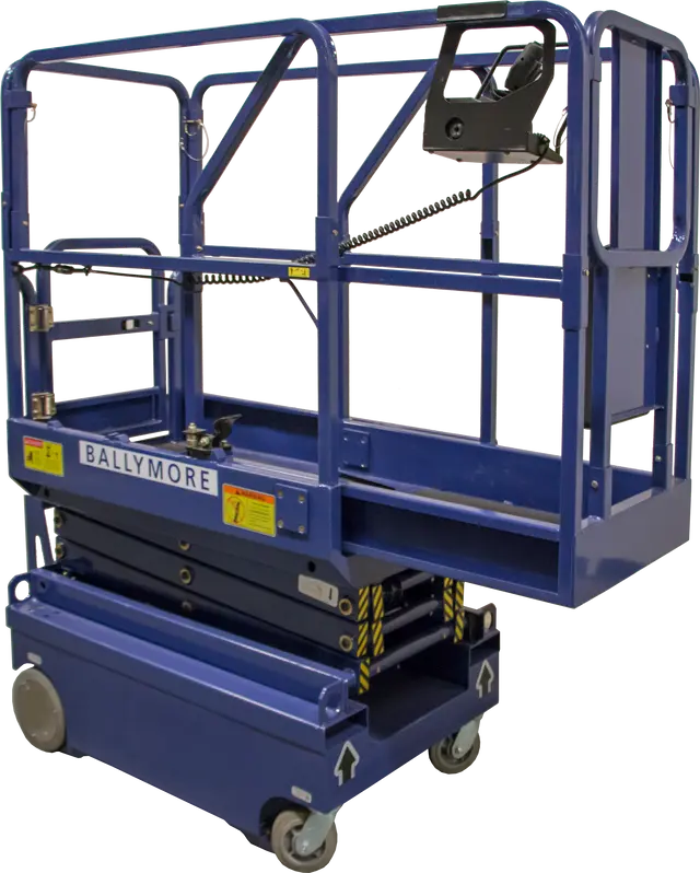Ballymore drivable compact scissor lift in blue with safety railings and wheels for easy mobility