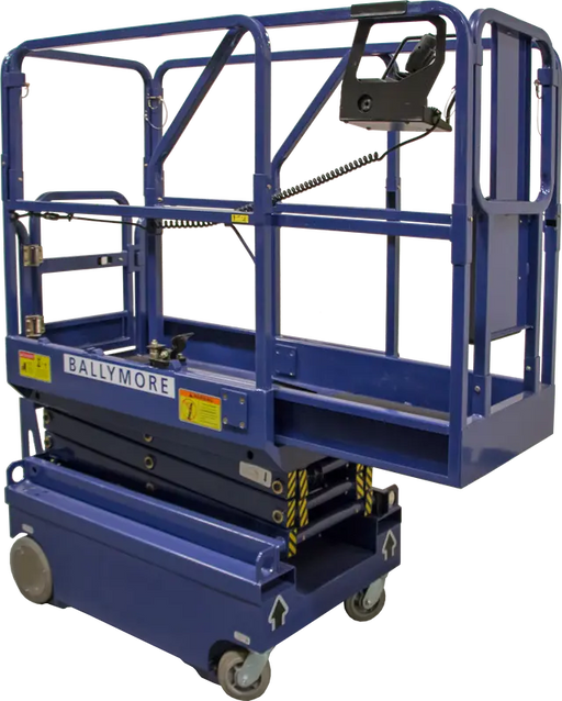 Ballymore drivable compact scissor lift in blue with safety railings and wheels for easy mobility