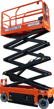 Ballymore drivable compact scissor lift in orange with extended black scissor arms for elevated work