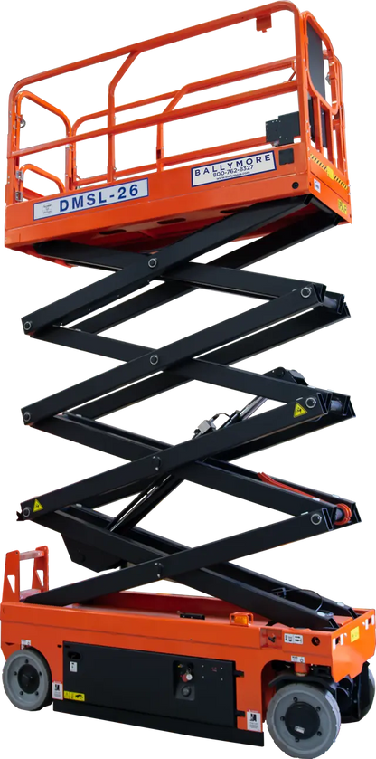 Ballymore drivable compact scissor lift in orange with extended black scissor arms for elevated work