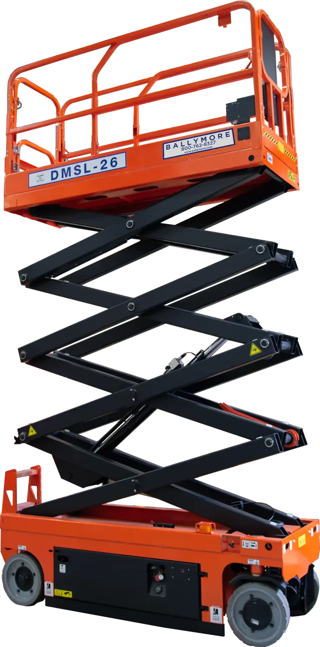 Ballymore drivable compact scissor lift in orange with extended black scissor arms for elevated work