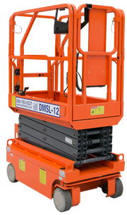 Ballymore drivable compact scissor lift model DMSL-12 in bright orange for industrial use