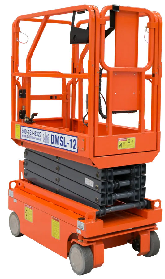 Ballymore drivable compact scissor lift model DMSL-12 in bright orange for industrial use