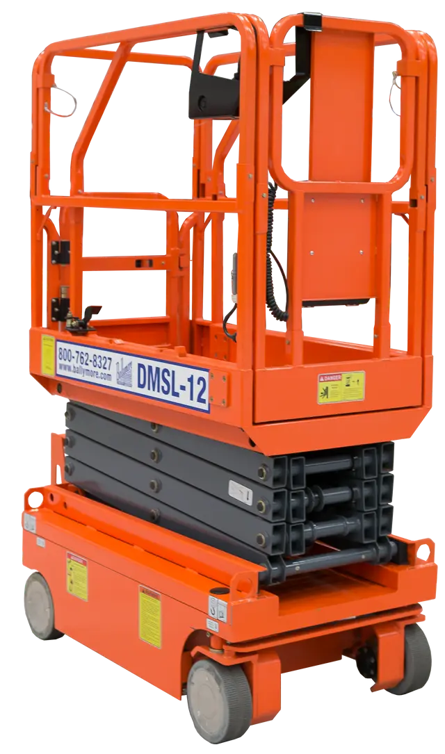 Ballymore drivable compact scissor lift model DMSL-12 in bright orange for industrial use