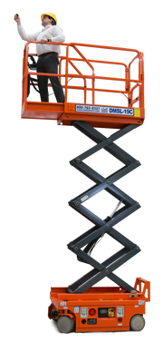 Ballymore drivable compact scissor lift in orange with an extended platform and person wearing a yellow hard hat