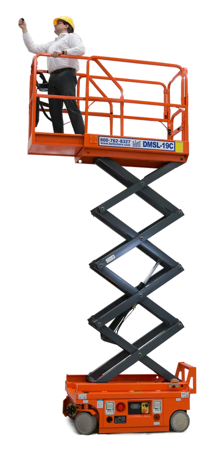 Ballymore drivable compact scissor lift in orange with an extended platform and person wearing a yellow hard hat