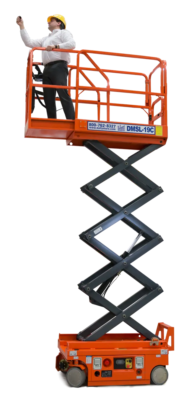 Ballymore drivable compact scissor lift in orange with an extended platform and person wearing a yellow hard hat