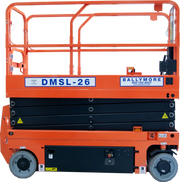 Ballymore drivable compact scissor lift model DMSL-26 in orange and black with safety rails
