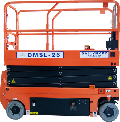 Ballymore drivable compact scissor lift model DMSL-26 in orange and black with safety rails