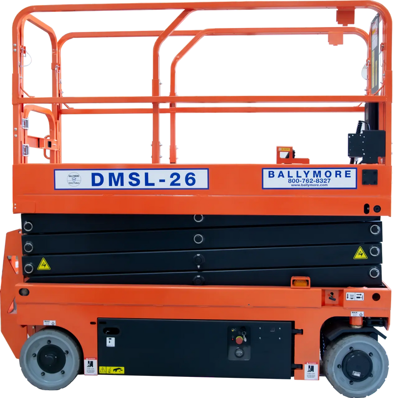 Ballymore drivable compact scissor lift model DMSL-26 in orange and black with safety rails