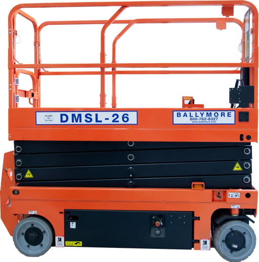 Ballymore drivable compact scissor lift model DMSL-26 in orange and black with safety rails