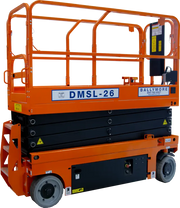 Ballymore drivable compact scissor lift DMSL-26 in orange and black for elevated work access