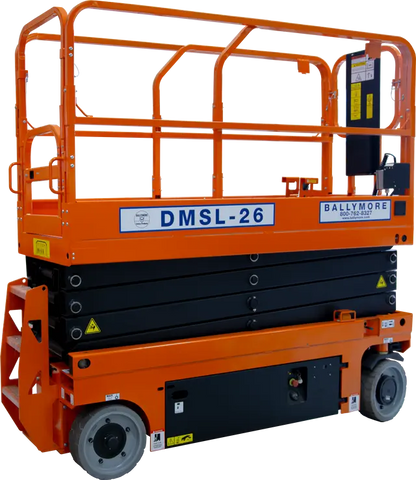Ballymore drivable compact scissor lift DMSL-26 in orange and black for elevated work access