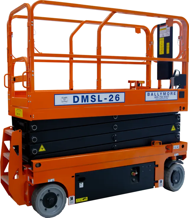 Ballymore drivable compact scissor lift DMSL-26 in orange and black for elevated work access