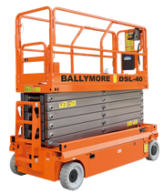 Ballymore DSL-40 drivable Scissor Lift in orange with platform and control panel