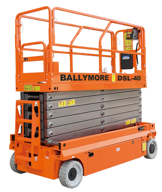 Ballymore DSL-40 drivable Scissor Lift in orange with platform and control panel