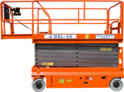 Ballymore DSL-45 drivable Scissor Lift with orange safety rails and compact wheels