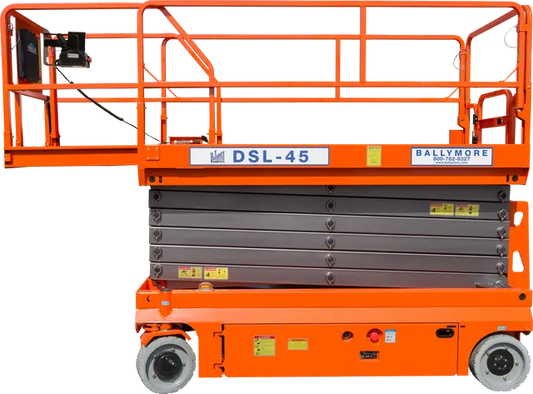 Ballymore DSL-45 drivable Scissor Lift with orange safety rails and compact wheels