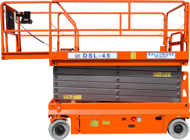 Ballymore DSL-45 drivable Scissor Lift with orange safety rails and compact wheels