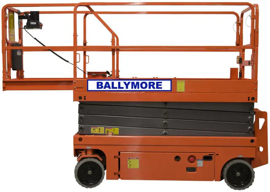 Ballymore drivable scissor lift in orange with safety rails and compact base wheels